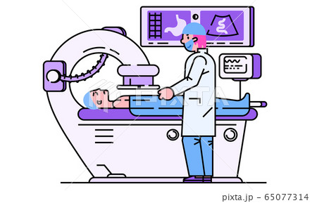 Patient visit doctor vector illustration, cartoon line flat man character doing medical diagnostic checkup on Mri or Xray scanning machine 65077314