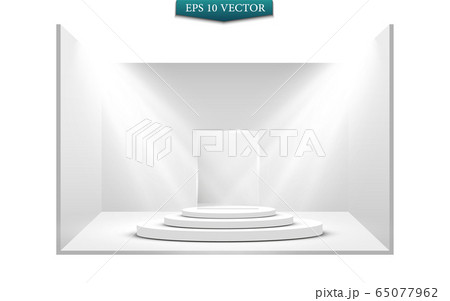 Round podium, pedestal or platform illuminated by spotlights on white background. Platform for design. Realistic 3D empty podium. Stage with scenic lights 65077962