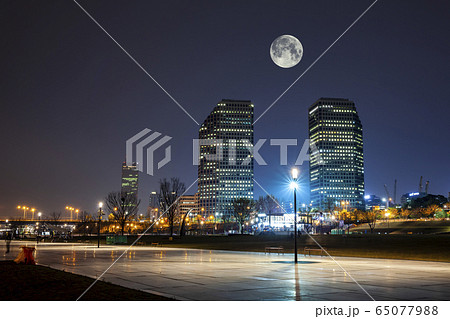 夜景 高層ビル 月 65077988
