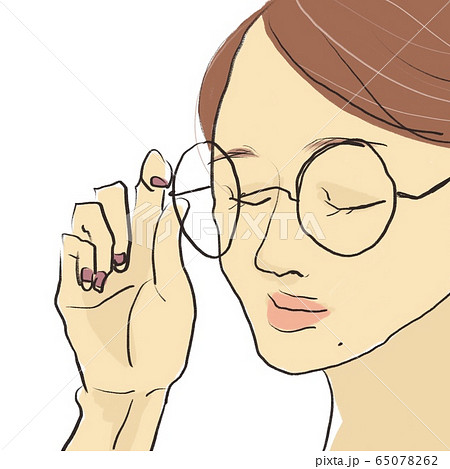 白背景でネイルをした手でメガネをはずす かける 口元にほくろのある茶髪の目を閉じた女性のイラスト素材