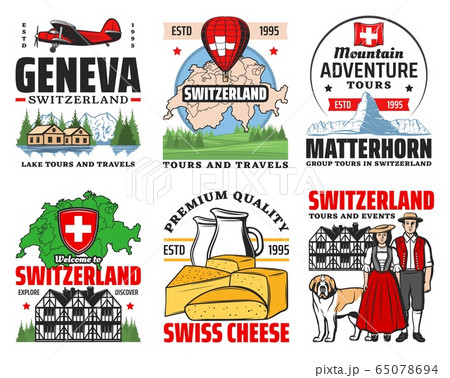 Switzerland travel, Swiss alps mountain, map, flag 65078694