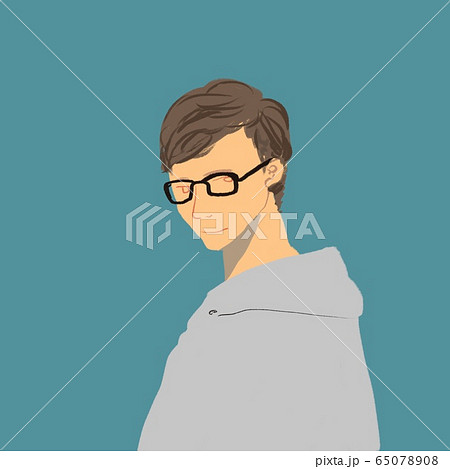 青い背景にグレーのパーカーを着た眼鏡の男性のイラスト素材