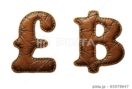 Set of symbols lira and baht made of leather. 3D render font with skin texture isolated on white background. 65079647