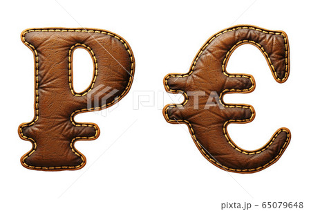 Set of symbols rouble and euro made of leather. 3D render font with skin texture isolated on white background. 65079648