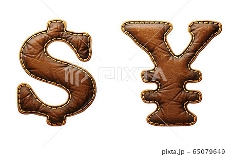 Set of symbols dollar and yen made of leather. 3D render font with skin texture isolated on white background. 65079649