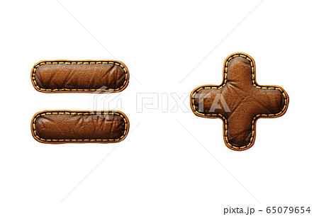 Set of symbols equals and plus made of leather. 3D render font with skin texture isolated on white background. Set of symbols equals and plus made of leather. 3D render font with skin texture isolated on white background. 65079654