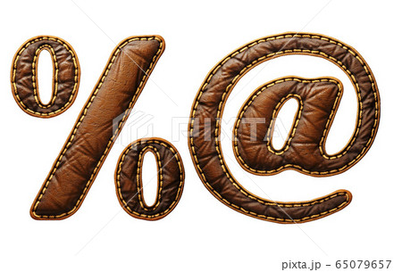 Set of symbols percent and at made of leather. 3D render font with skin texture isolated on white background. 65079657