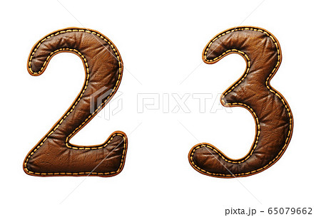 Set of numbers 2, 3 made of leather. 3D render font with skin texture isolated on white background. Set of numbers 2, 3 made of leather. 3D render font with skin texture isolated on white background. 65079662