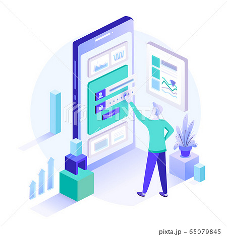 A man stands in front of inputted secured data. Registration form or login user interface. A man stands in front of inputted secured data. Registration form or login user interface. 65079845
