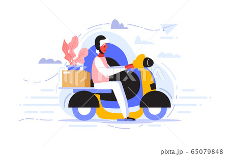 A courier in helmet rides a scooter to quickly and efficiently deliver the package to the client who ordered goods. 65079848