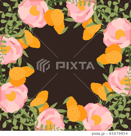 Pink peony, yellow dandelion and green leaf frame. Pink peony, yellow dandelion and green leaf frame. 65079954