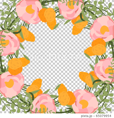 Pink peony, yellow dandelion and green leaf frame. Pink peony, yellow dandelion and green leaf frame. 65079954