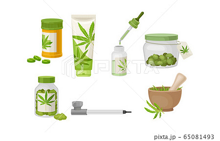 Cannabis Plant as Organic Medicines and Nutrition Ingredient with Oil Bottle and Pills Vector Set Cannabis Plant as Organic Medicines and Nutrition Ingredient with Oil Bottle and Pills Vector Set 65081493
