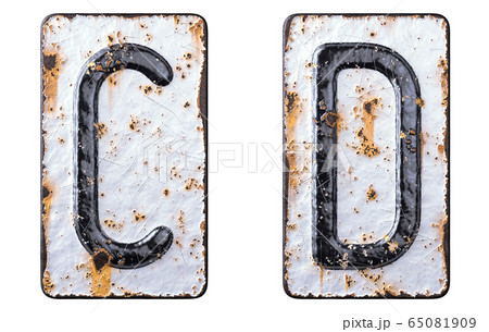 3D render set of capital letters C, D made of forged metal on the background fragment of a metal surface with cracked rust. 3D render set of capital letters C, D made of forged metal on the background fragment of a metal surface with cracked rust. 65081909