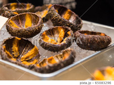 Fresh Sea Uni Urchin on ice, sell at TSUKIJI, Japan Fish Market, Tokyo, Japan.Raw Uni Urchin Sashimi fresh seafood from Japan 65083296