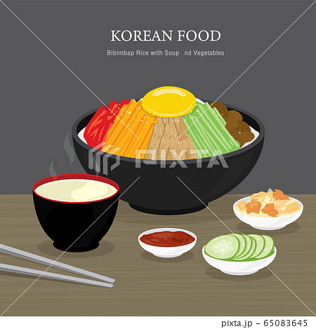 Set of Traditional Korean food, Bibimbap Rice with Soup and Vegetables Salad. Cartoon Vector illustration 65083645