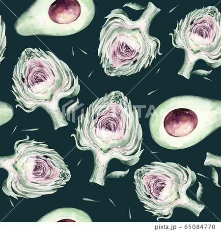 watercolor vegetables seamless pattern of fresh avocado and artichoke. Fabric vegetarian nature background illustration watercolor vegetables seamless pattern of fresh avocado and artichoke. Fabric vegetarian nature background illustration 65084770