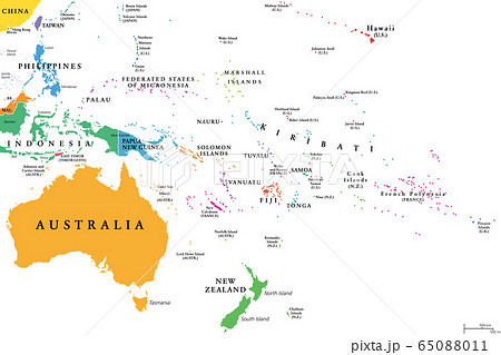 Oceania, single states, political map. Geographic region, southeast of the Asia-Pacific region including Australasia, Melanesia, Micronesia and Polynesia. English. Illustration over white. Vector. Oceania, single states, political map. Geographic region, southeast of the Asia-Pacific region including Australasia, Melanesia, Micronesia and Polynesia. English. Illustration over white. Vector. 65088011