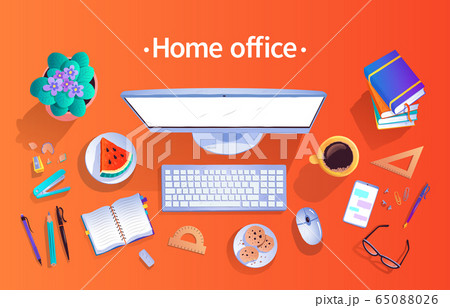 Home Office Concept Vector Top View Illustrationのイラスト素材