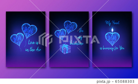 Happy Valentines Day posters set with glowing low polygonal heart balloons, gift box and candle Happy Valentines Day posters set with glowing low polygonal heart balloons, gift box and candle 65088303