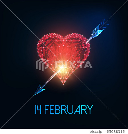 Futuristic Valentines day greeting card with glowing low polyred heart, arrow and text 14 February Futuristic Valentines day greeting card with glowing low polyred heart, arrow and text 14 February 65088316