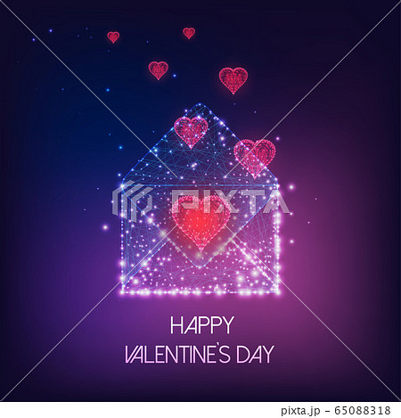 Futuristic Happy Valentine's Day greeting card with glowing low polygonal envelope and red hearts Futuristic Happy Valentine's Day greeting card with glowing low polygonal envelope and red hearts 65088318