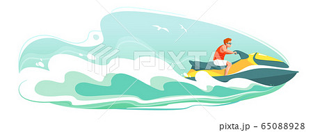 Jetski landscape cover design. Man ride hydro cycle in sea vector poster. Water sport isolated background. Summer holiday on Aquabike ocean waves cartoon illustration. Character racing water scooter 65088928