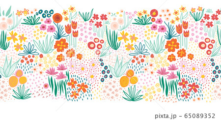 Doodle flower meadow seamless vector kids border. Repeating colorful line art floral pattern. Use 65089352