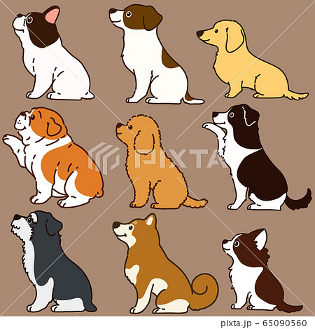色々な犬おすわりセット 横向き 主線ありのイラスト素材