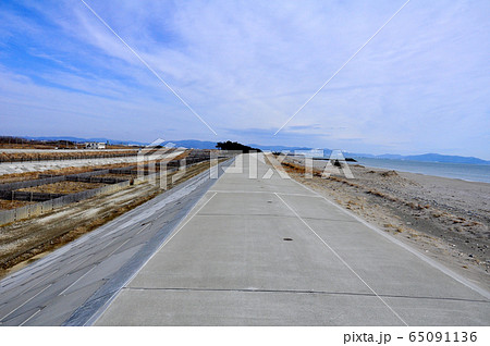 みちのく潮風トレイル　防潮堤の右に太平洋と砂浜、左に防潮林と北上運河を見下ろす 65091136