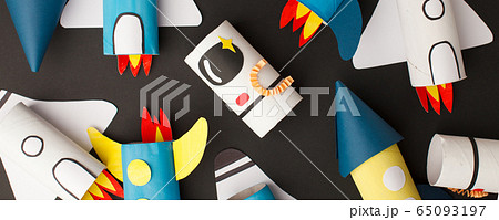 School kindergarten crafts, paper spaceship, 65093197