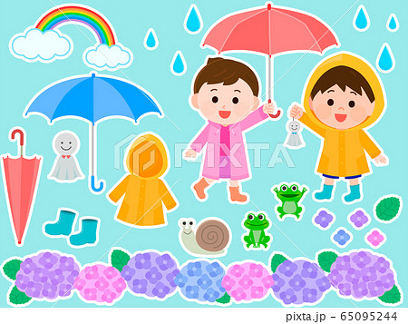 梅雨 素材 子供 白枠 セット イラスト 梅雨 素材 子供 白枠 セット イラスト 65095244