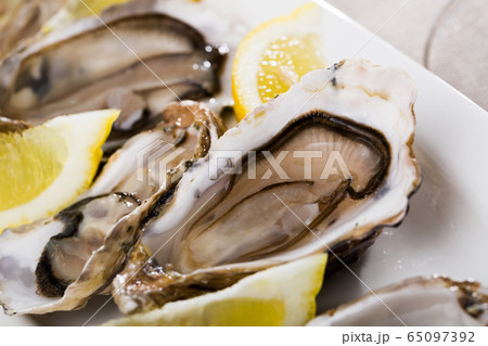 Tasty oysters with lemon on plate top view Tasty oysters with lemon on plate top view 65097392