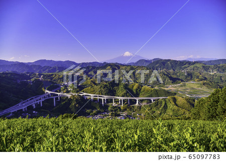 （静岡県）茶畑越しに、新東名高速道路新清水JCTと富士山 65097783