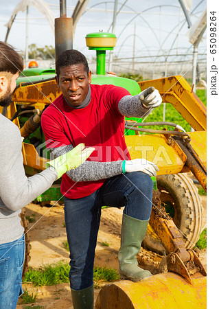 Quarrel of two farmers in greenhouse 65098264