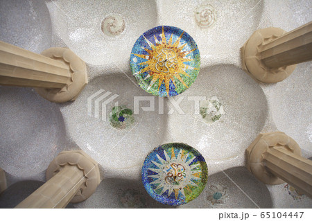 Guell of Gaudi mosaic in the Hundred Columns Chamber ceiling Guell of Gaudi mosaic in the Hundred Columns Chamber ceiling 65104447