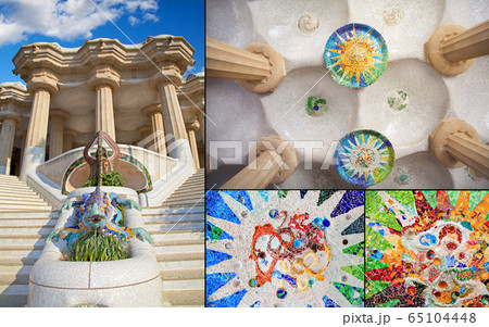 Barcelona Park Guell of Gaudi mosaic in the Hundred Columns Chamber Barcelona Park Guell of Gaudi mosaic in the Hundred Columns Chamber 65104448