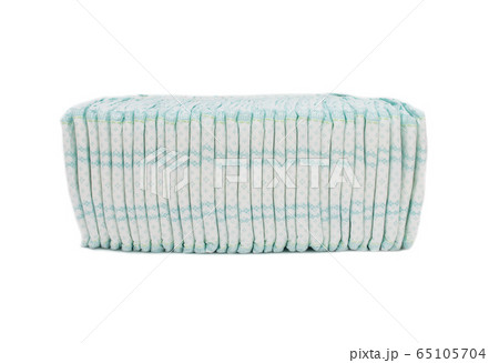 A large stack of comfortable baby diapers that protect against leakage, lightness and freshness, close-up, isolate 65105704