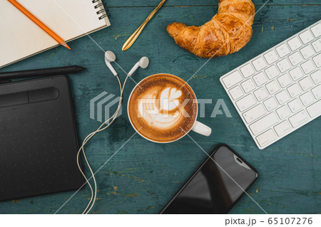 Latte coffee on the desk at home 65107276