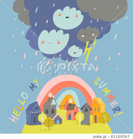 Little cartoon town in summer storm. Hello summer Little cartoon town in summer storm. Hello summer 65109567