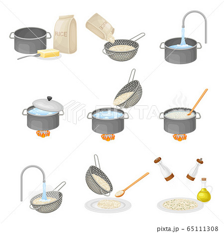 Cooking Rice Process with Head Rice Washing and Poaching on Burner Vector Set 65111308