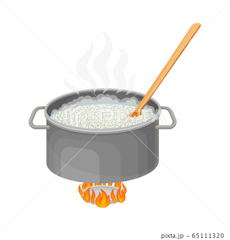 Cooking Rice Process with Mixing Grain in Saucepan Standing on Burner Vector Illustration 65111320