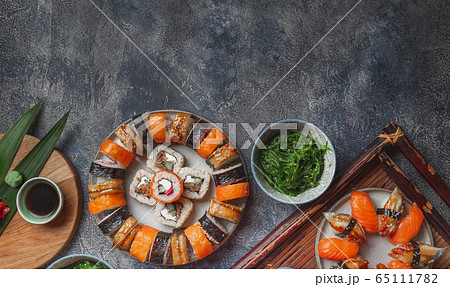 Sushi and rolls sets. Japonese food. top view 65111782