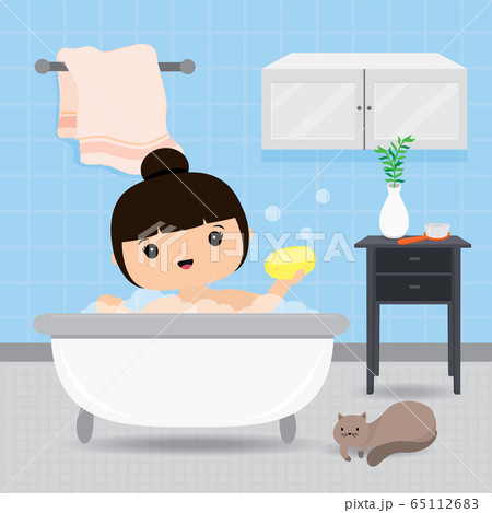 Quarantine, stay at home concept. Working from home, Woman take a shower in bathtub, Routine activity in the morning. Character Cartoon Vector illustration 65112683
