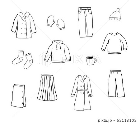 冬服の手描きイラストのセット コート ニットのイラスト素材