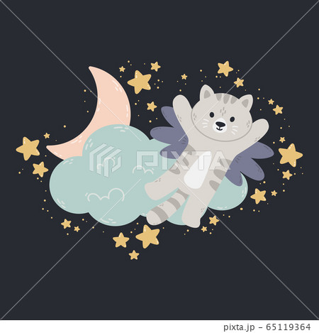 Cat with wings flies past the cloud, the moon, and stars. Dark background. Vector print for baby room, greeting card, kids and baby t-shirts and clothes, wome swear. Good night nursery illustration. 65119364