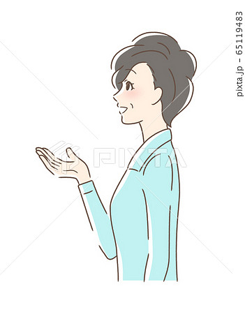 笑顔で手を差し出す女性の横顔のイラスト素材