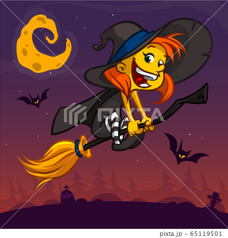 Cartoon Pretty Funny Witch Flying On Her Broomのイラスト素材