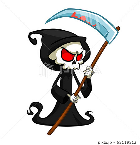 Grim reaper cartoon character with scythe isolated on a white background. Cute death character in black hood 65119512