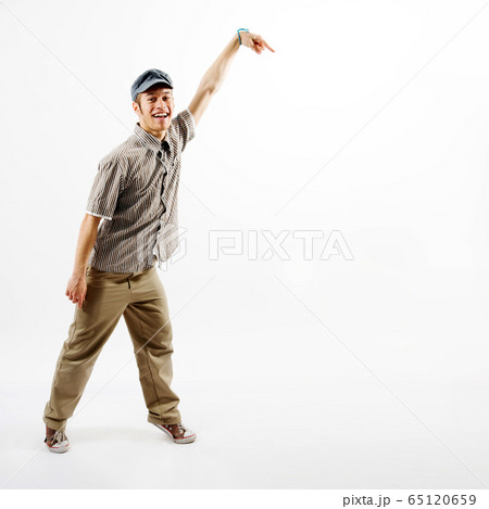 Funny man presenting against white background 65120659
